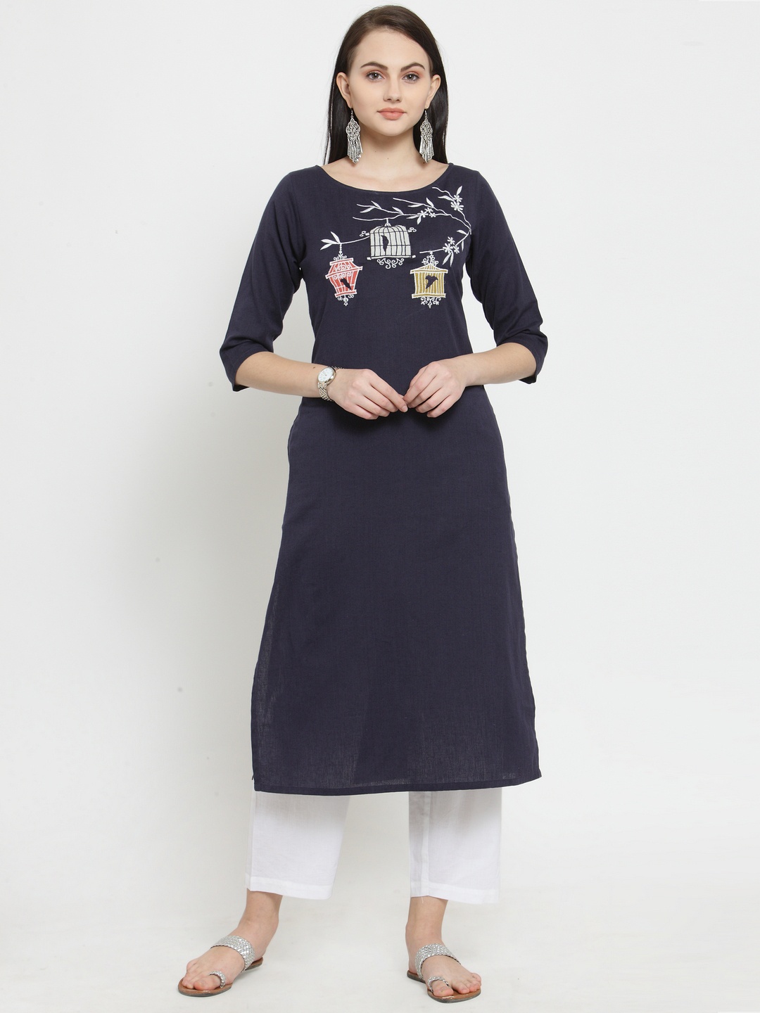 

Rustorange Women Blue & Blue Embroidered A-Line Kurta