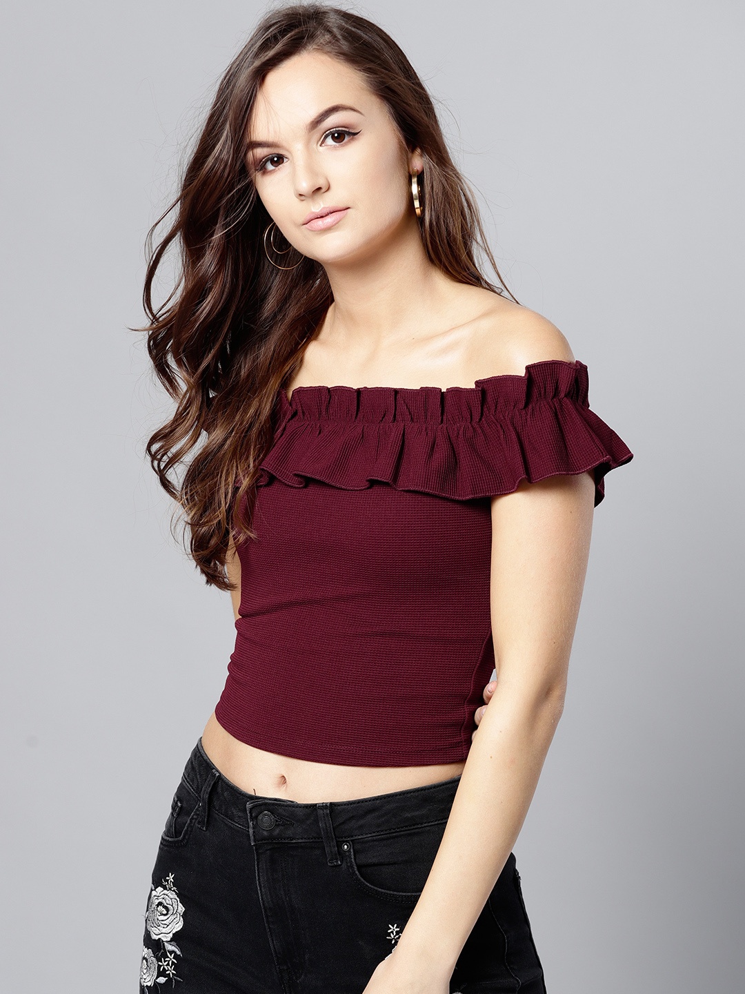 

Veni Vidi Vici Burgundy Ruffled Crop Bardot Top