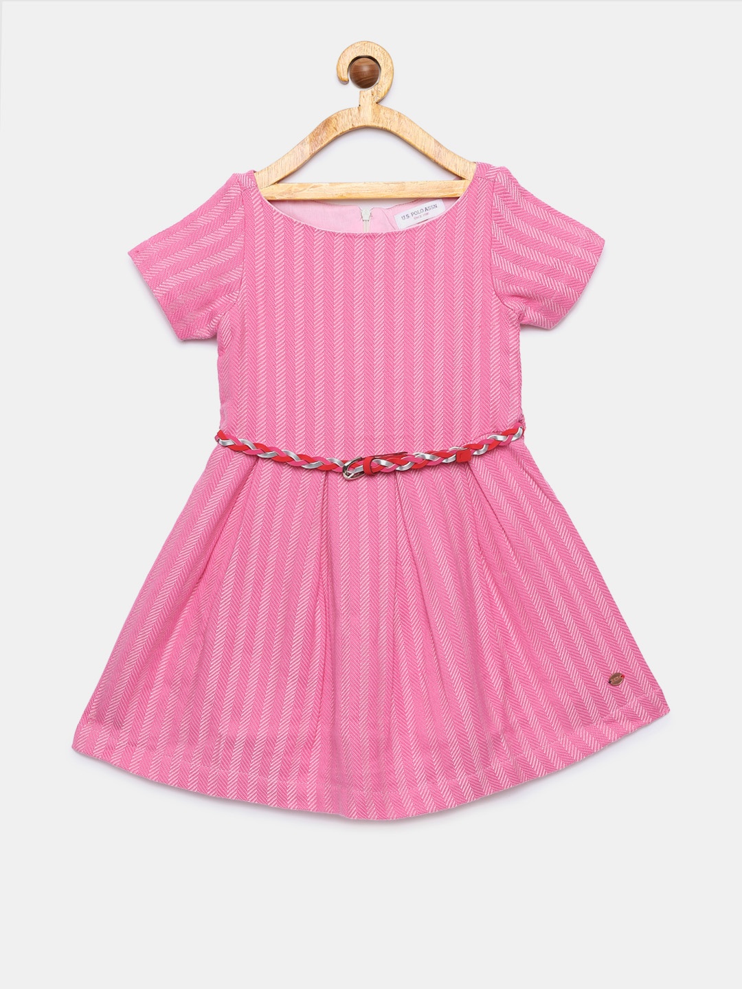 

U.S. Polo Assn. Kids Girls Pink Striped Fit and Flare Dress