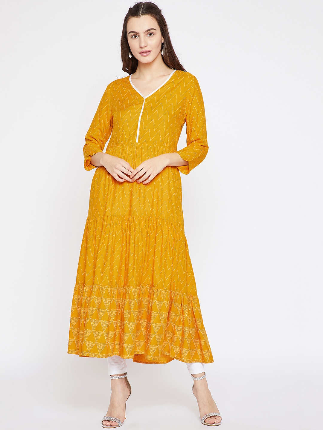 

RARE ROOTS Women Mustard Yellow Printed Anarkali Kurta