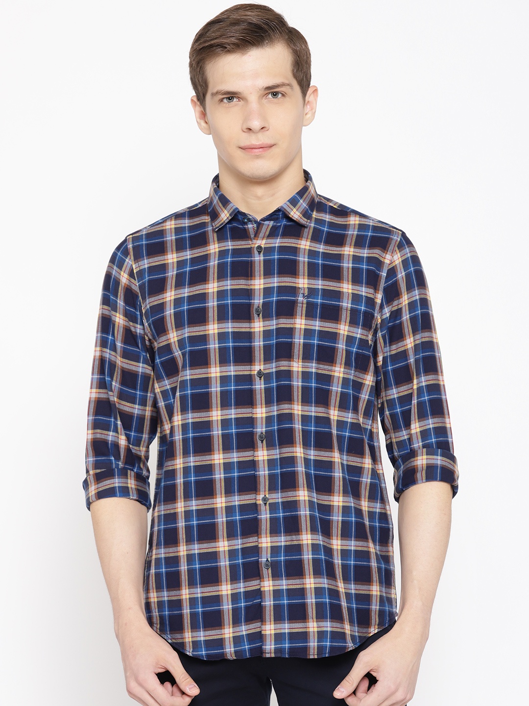 

Blackberrys Men Blue & Brown Slim Fit Checked Casual Shirt
