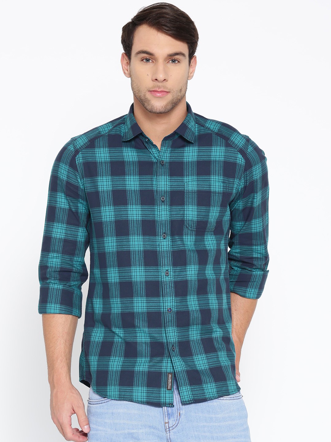 

Blackberrys Men Teal Green & Navy Slim Fit Checked Casual Shirt