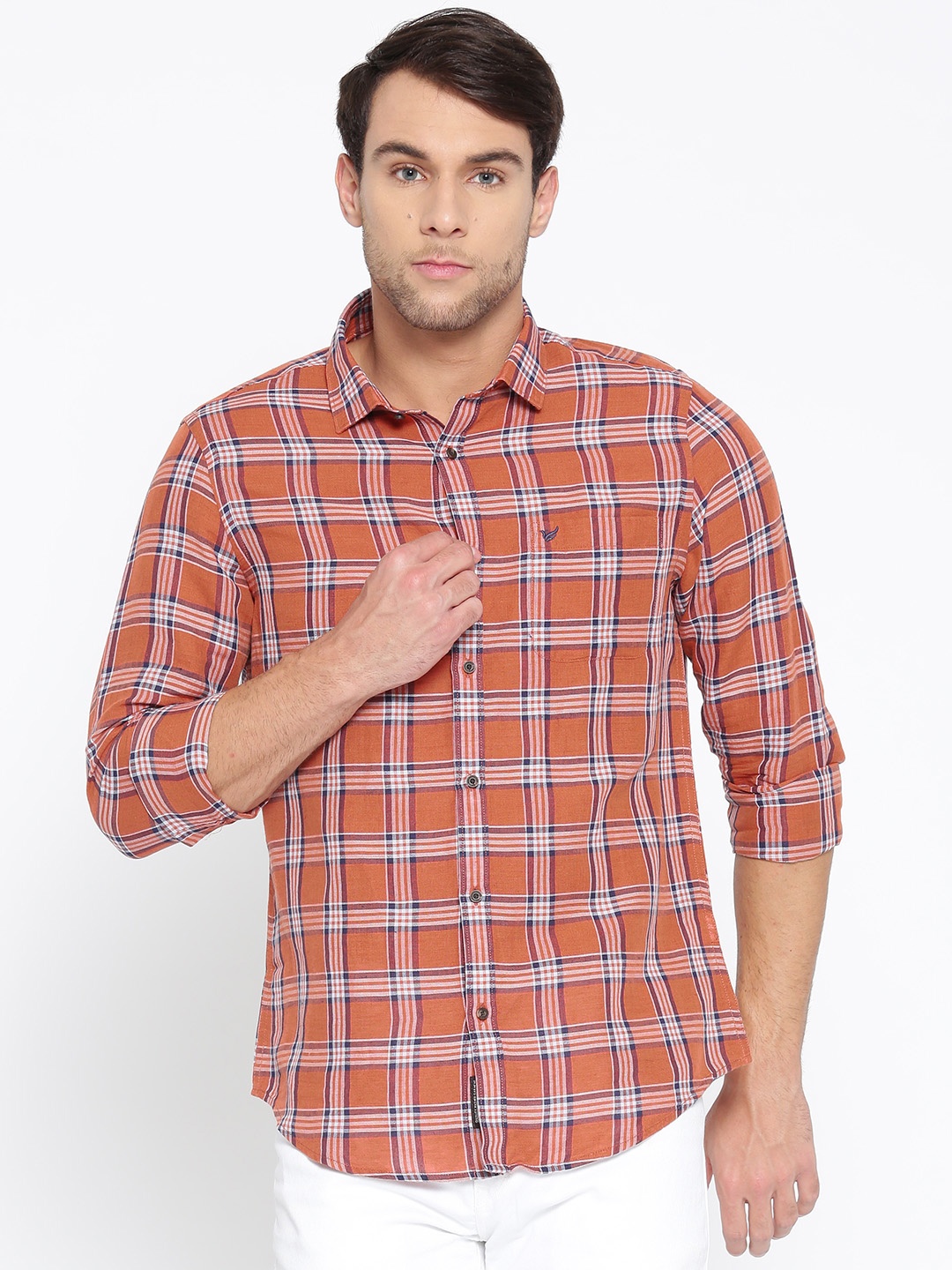 

Blackberrys Men Rust Orange & White Slim Fit Checked Casual Shirt