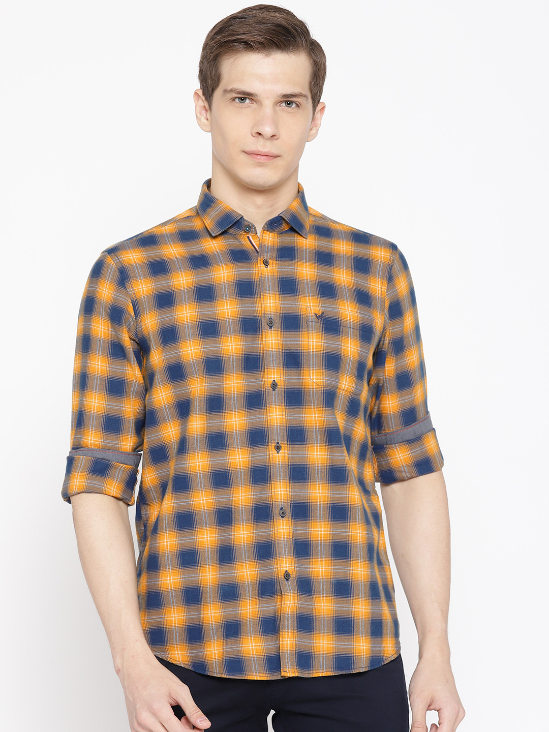 

Blackberrys Men Mustard Yellow & Blue Slim Fit Checked Casual Shirt