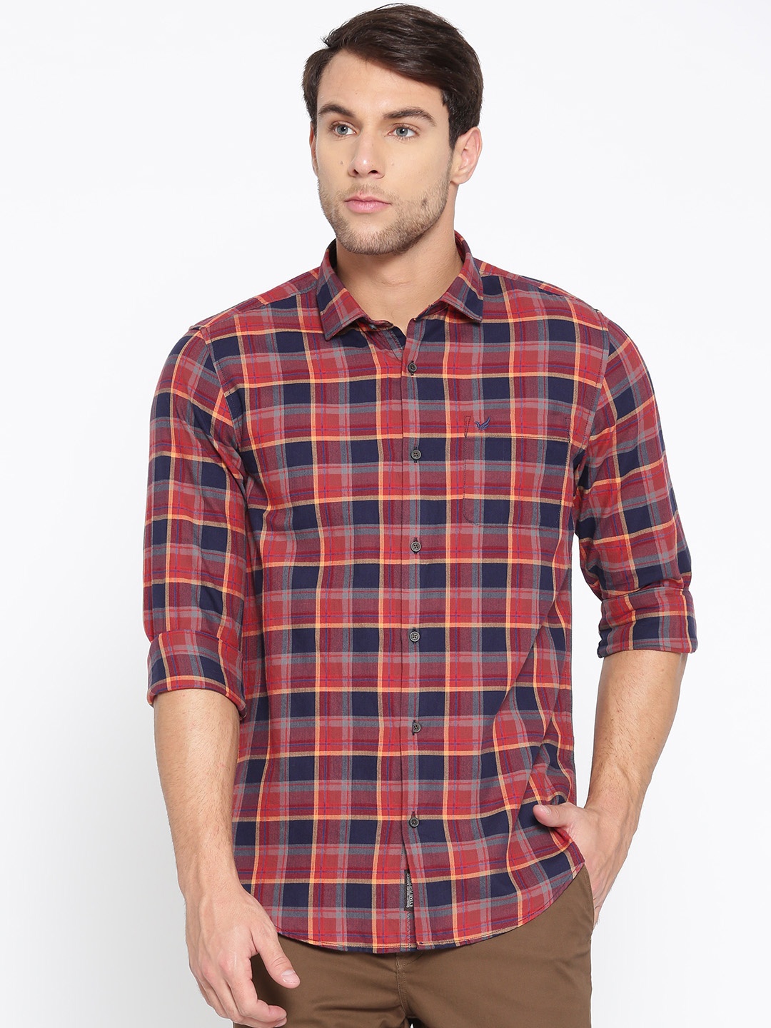 

Blackberrys Men Orange & Navy Blue Slim Fit Checked Casual Shirt
