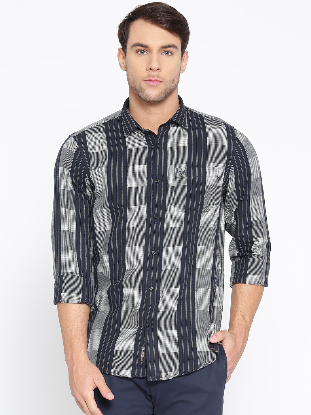 

Blackberrys Men Navy Blue & White Slim Fit Checked Casual Shirt