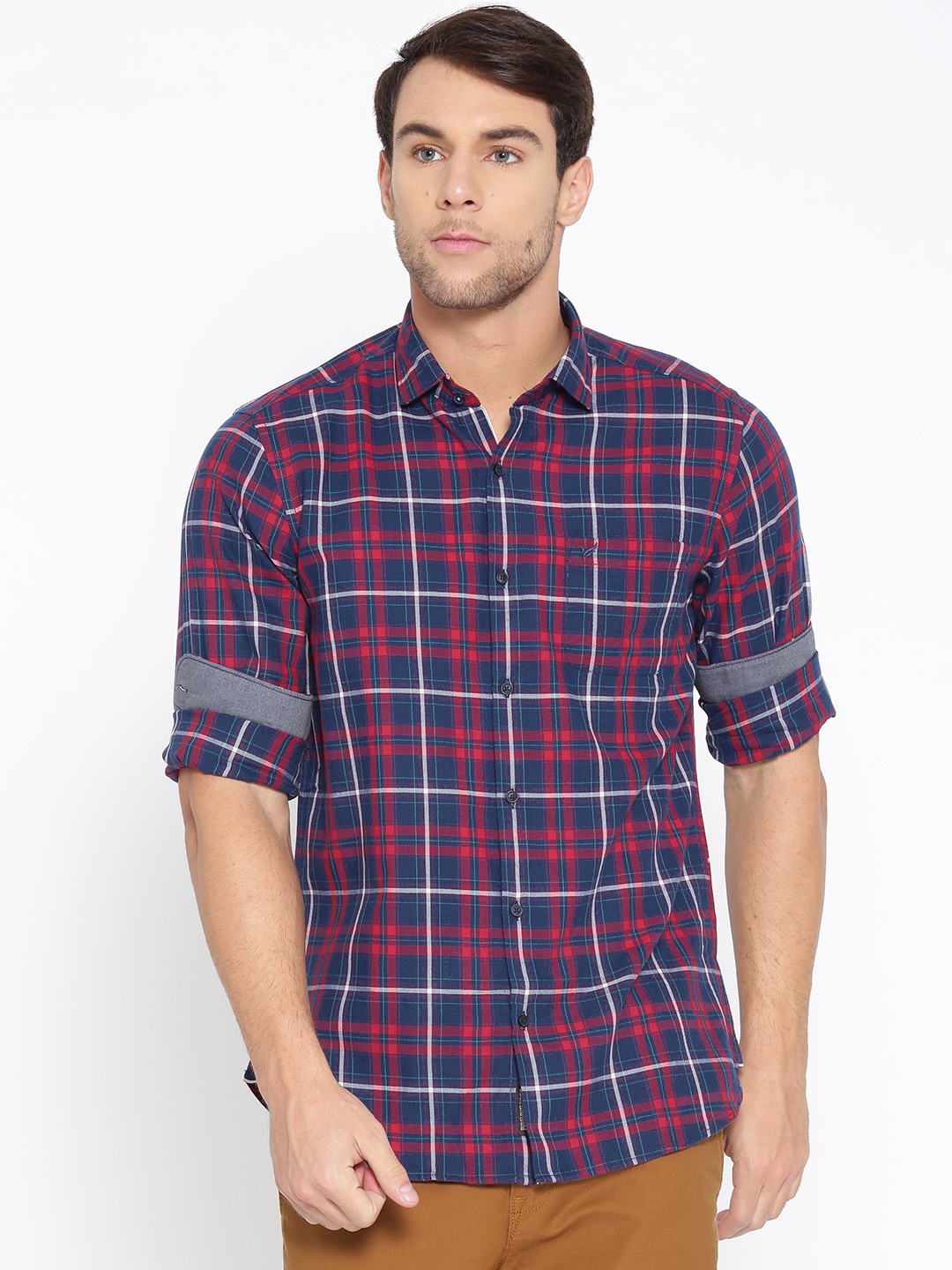 

Blackberrys Men Navy Blue & Red Slim Fit Checked Casual Shirt