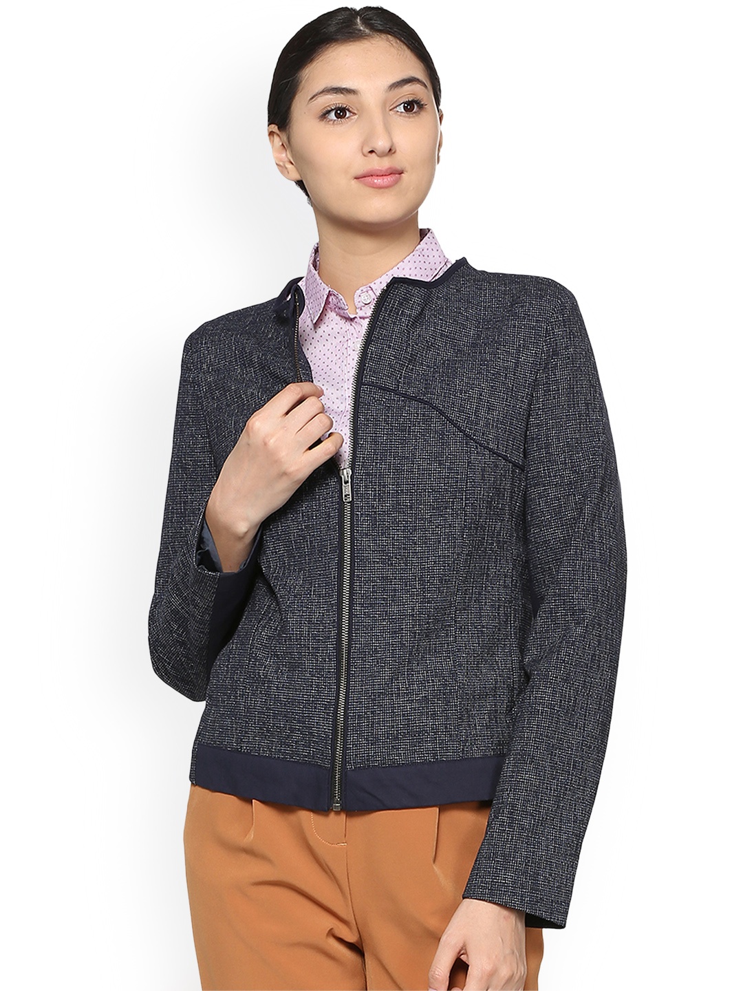 

Van Heusen Woman Navy Blue Self Design Bomber