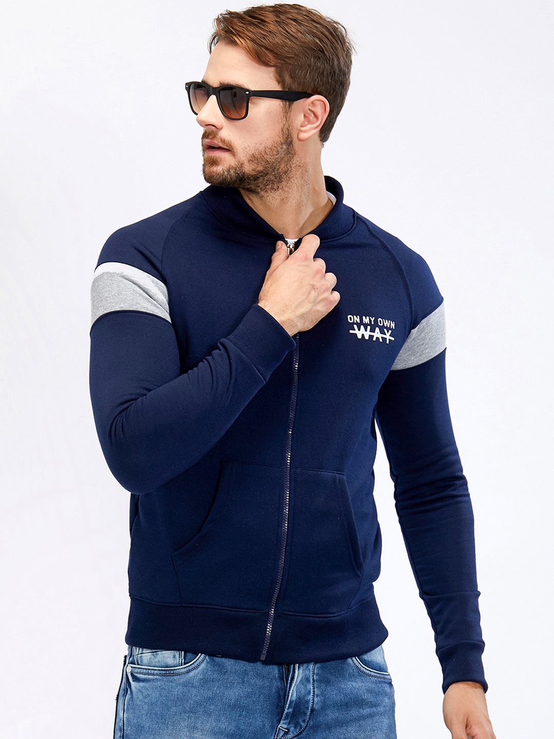

Maniac Men Navy Blue Colourblocked Bomber