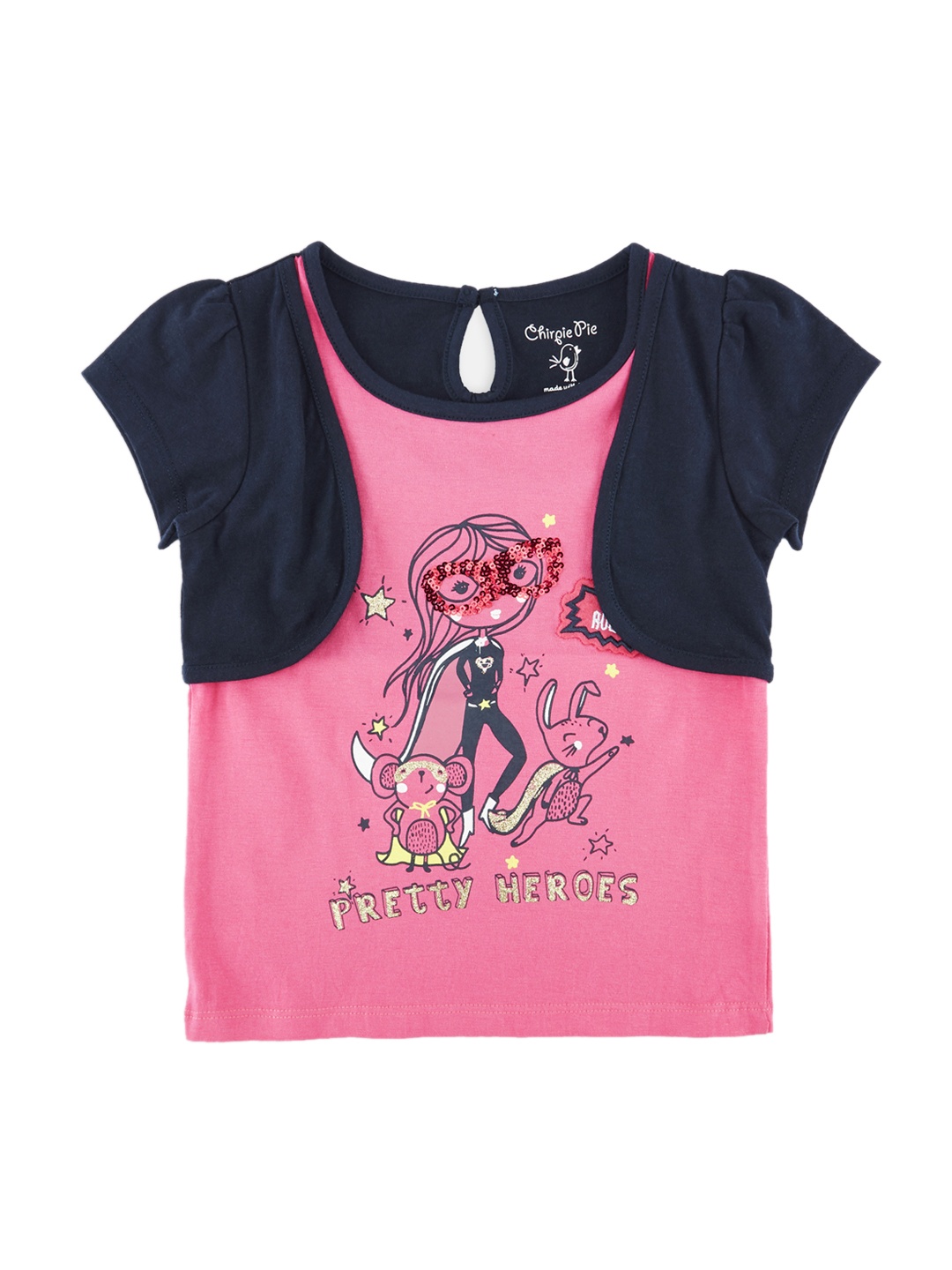 

Chirpie Pie by Pantaloons Girls Pink & Blue Printed Pure Cotton Top