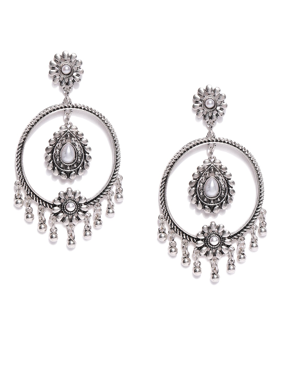 

justpeachy Silver-Toned Circular Oxidised Drop Earrings