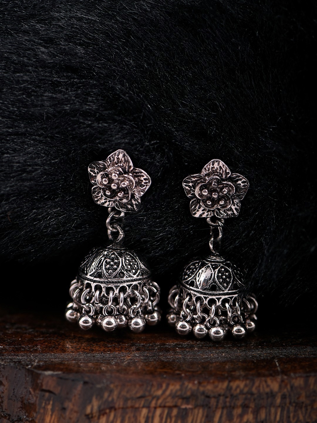 

justpeachy Silver-Toned Oxidised Contemporary Jhumkas