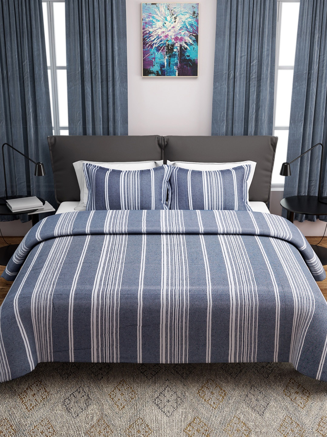 

ROMEE Dark Grey Striped Cotton Double Bed Cover with 2 Pillow Covers