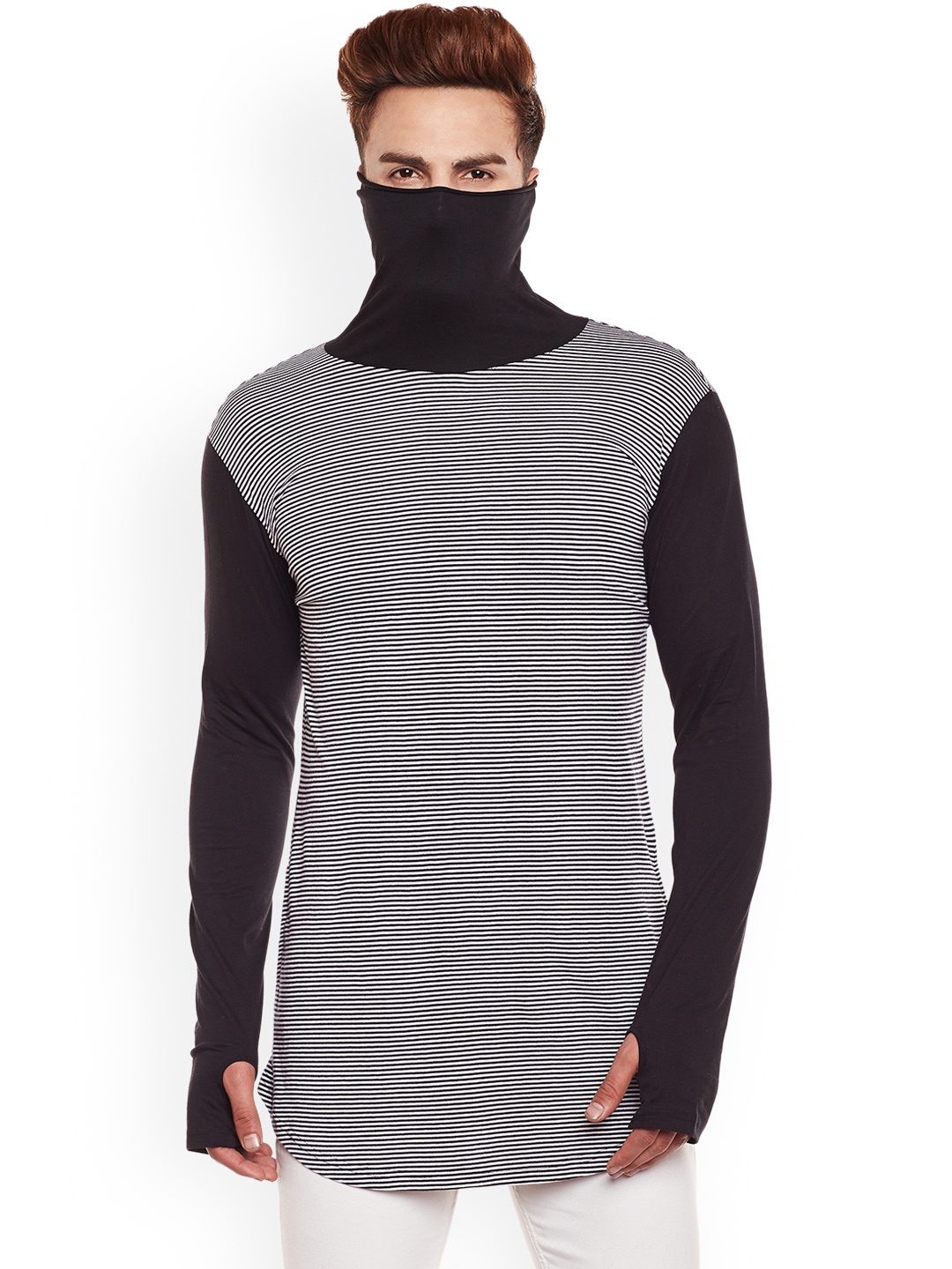 

Hypernation Men Black Striped High Neck Pure Cotton T-shirt