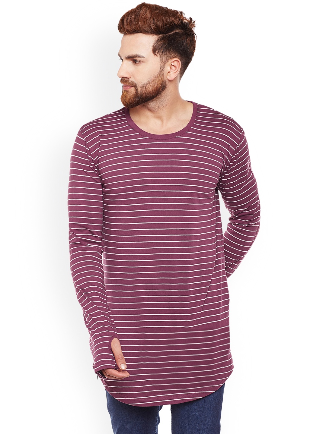 

Hypernation Men Purple Striped Round Neck Longline Pure Cotton T-shirt