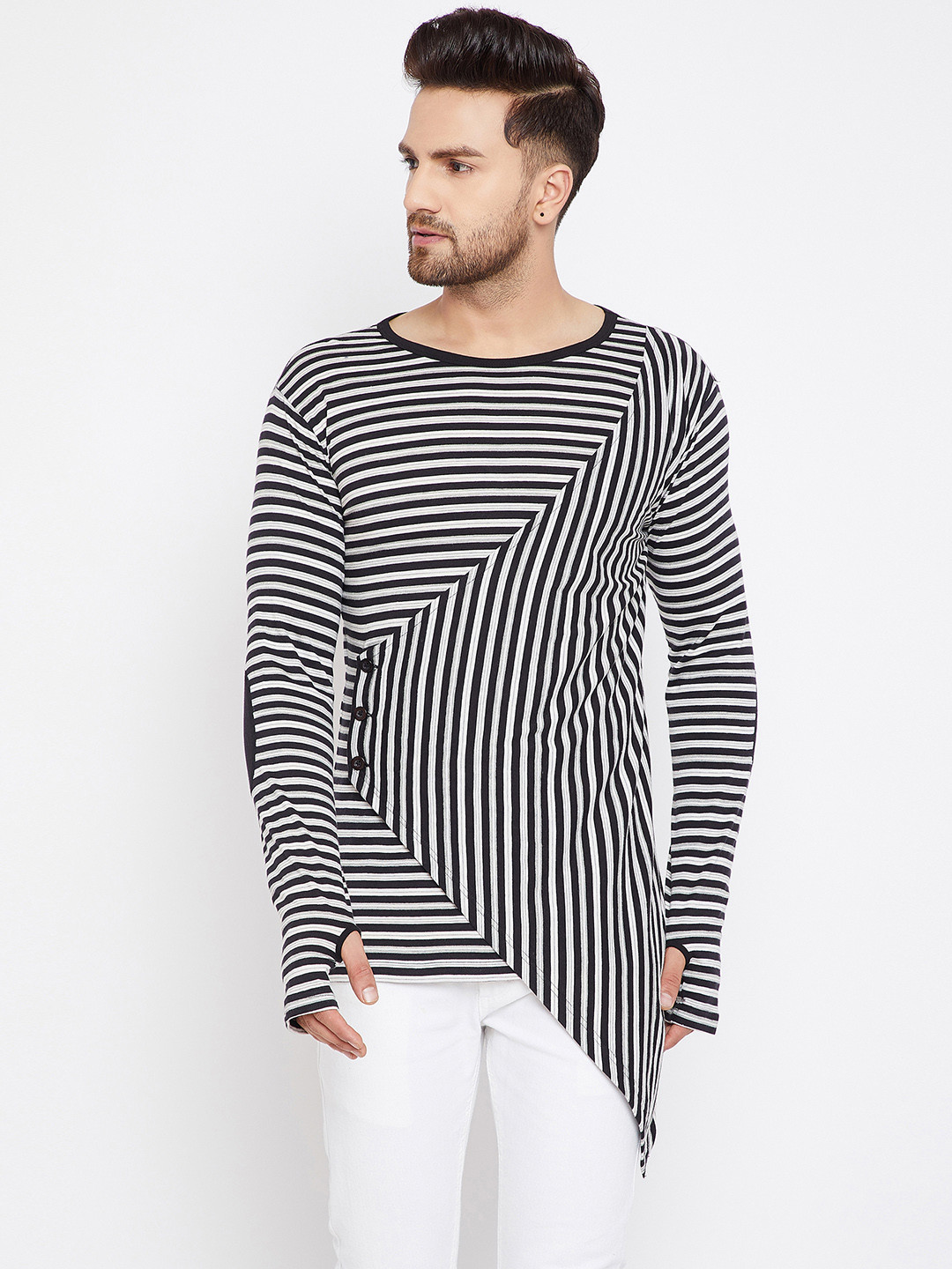 

Hypernation Men Black Striped Round Neck Longline Pure Cotton T-shirt