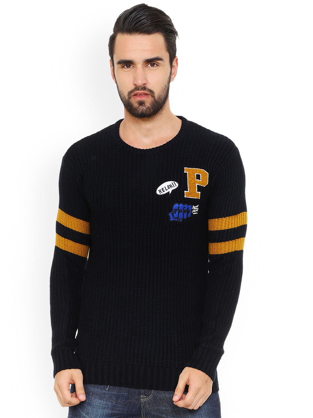 

People Men Black Self Design Pullover