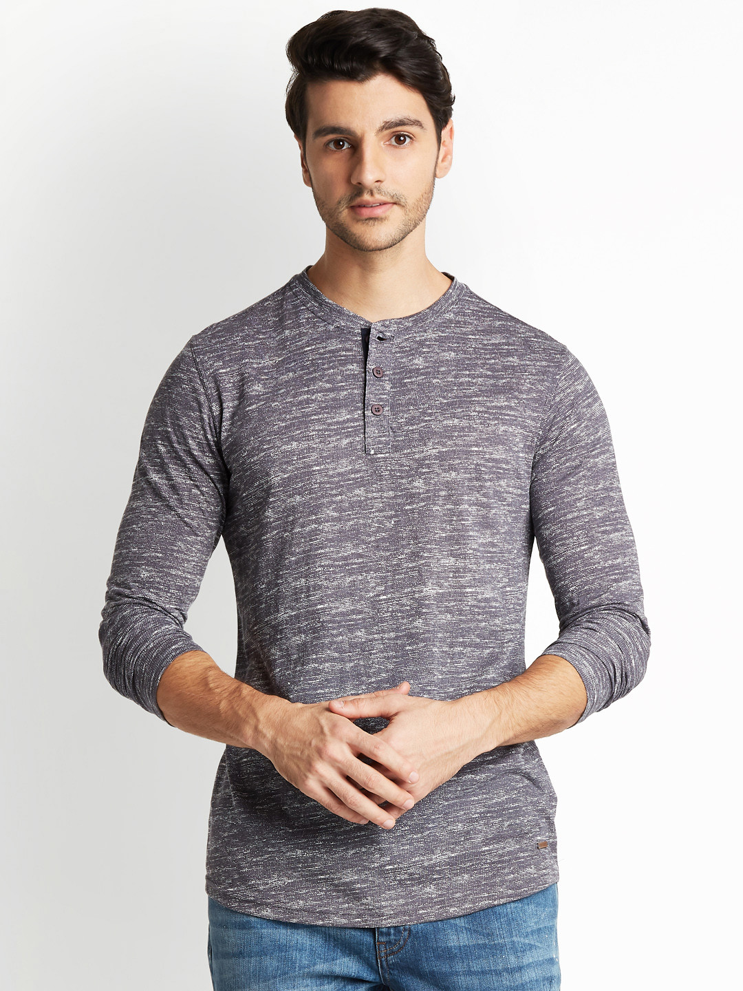 

Urban Ranger by pantaloons Men Grey Melange Solid Henley Neck T-shirt