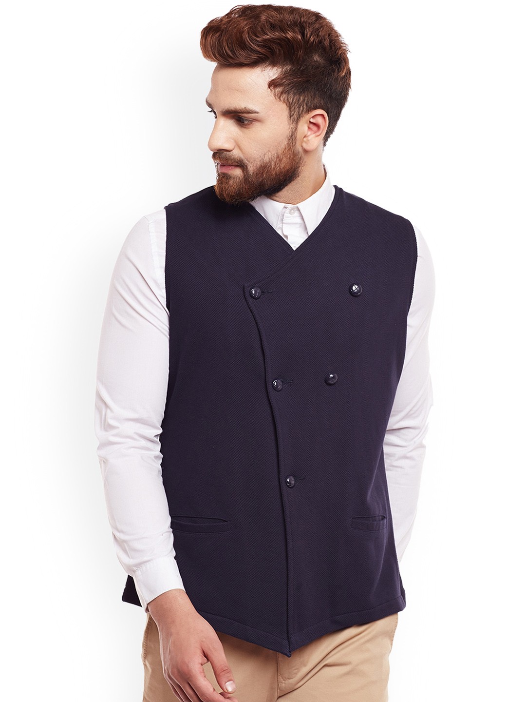 

Hypernation Men Navy Blue Double-Breasted Pure Cotton Waistcoat