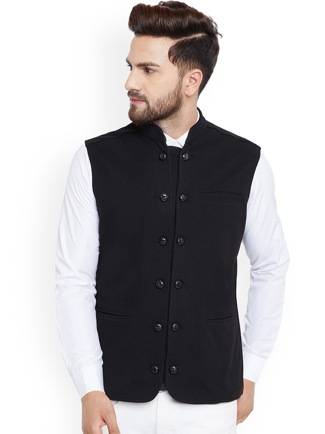 

Hypernation Men Black Double-Breasted Pure Cotton Waistcoat