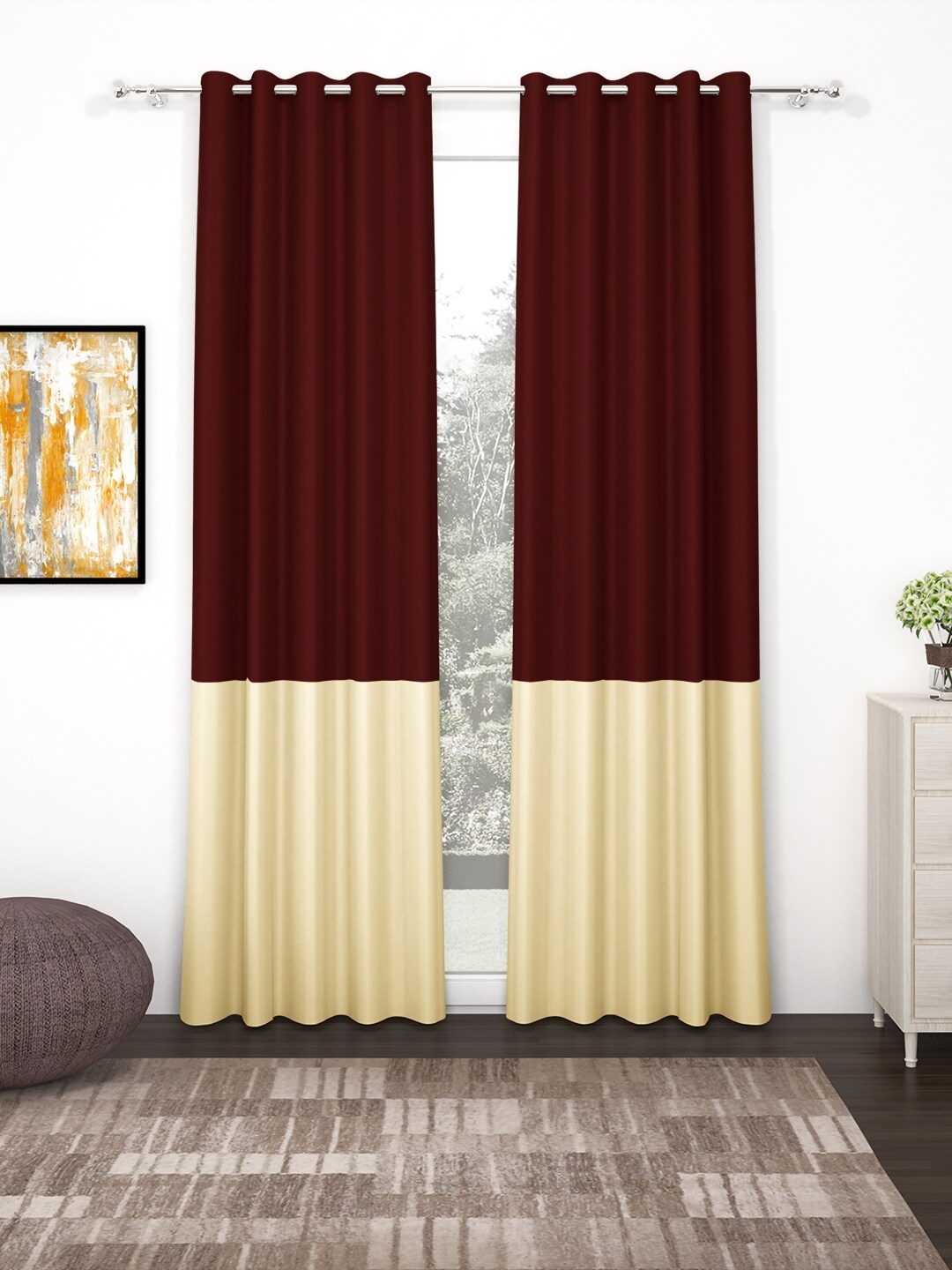 

Story@home Maroon & Beige Faux Silk Set of 2 Blackout Door Curtains