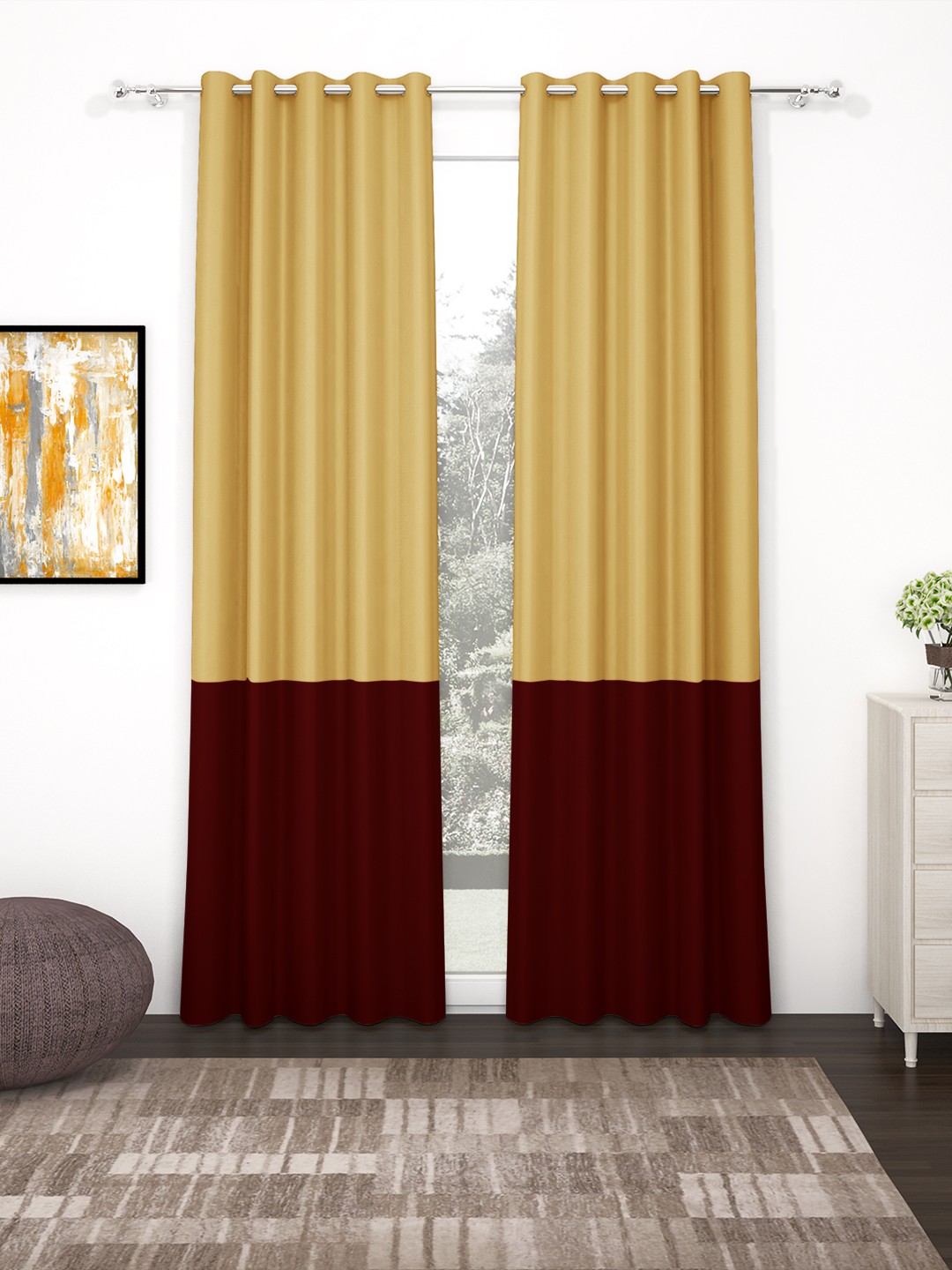 Story@home Maroon & Gold-Toned Set of 2 Faux Silk 300GSM Room Darkening Blackout Door Curtains