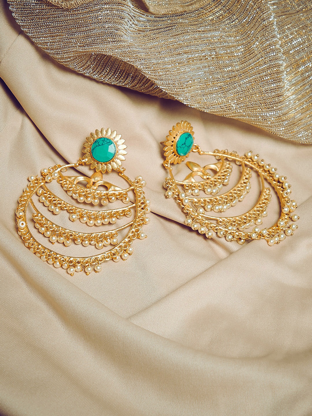 

PANASH Gold-Toned & Turquoise Blue Crescent Shaped Gold-Plated & Handcrafted Chandbalis