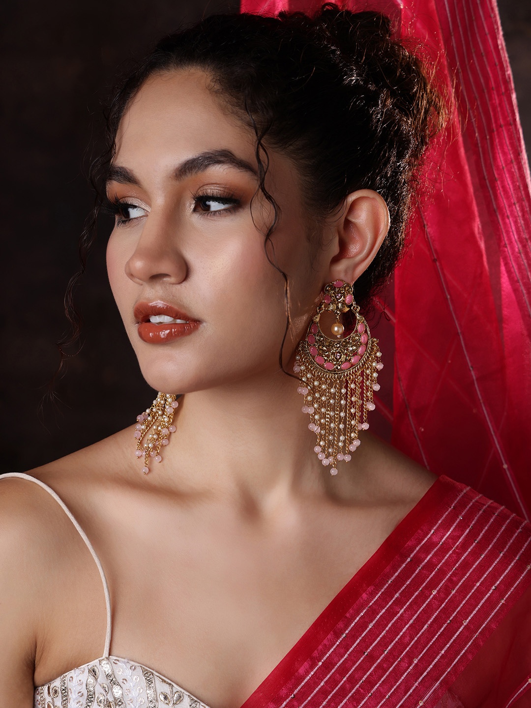

PANASH Gold-Plated & Pink Handcrafted Crescent Shaped Embellished Chandbalis