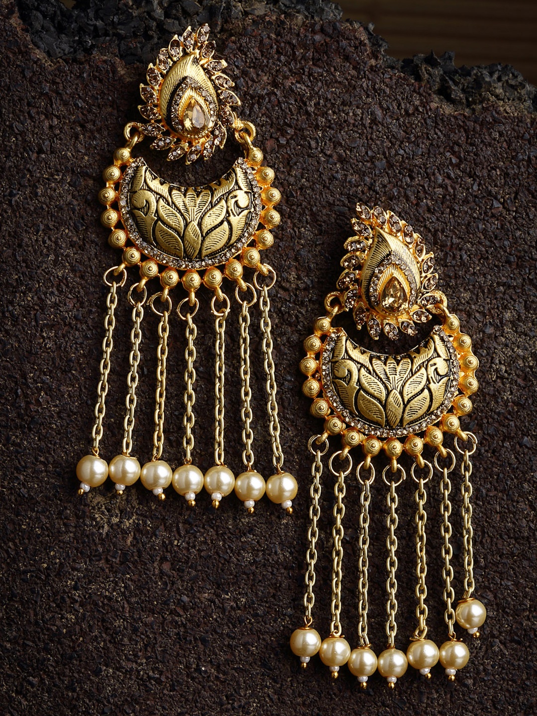 

PANASH Gold-Plated and Pearl Studded Paisley Shaped Chandbalis