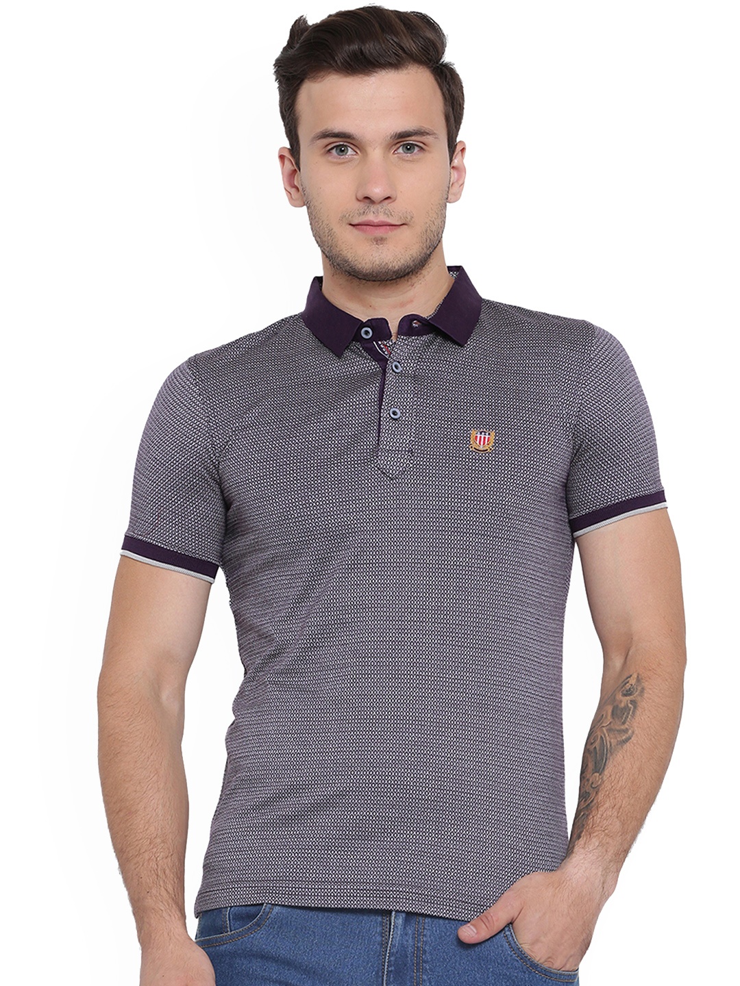 

Duke Men Purple Self Design Polo Collar T-shirt