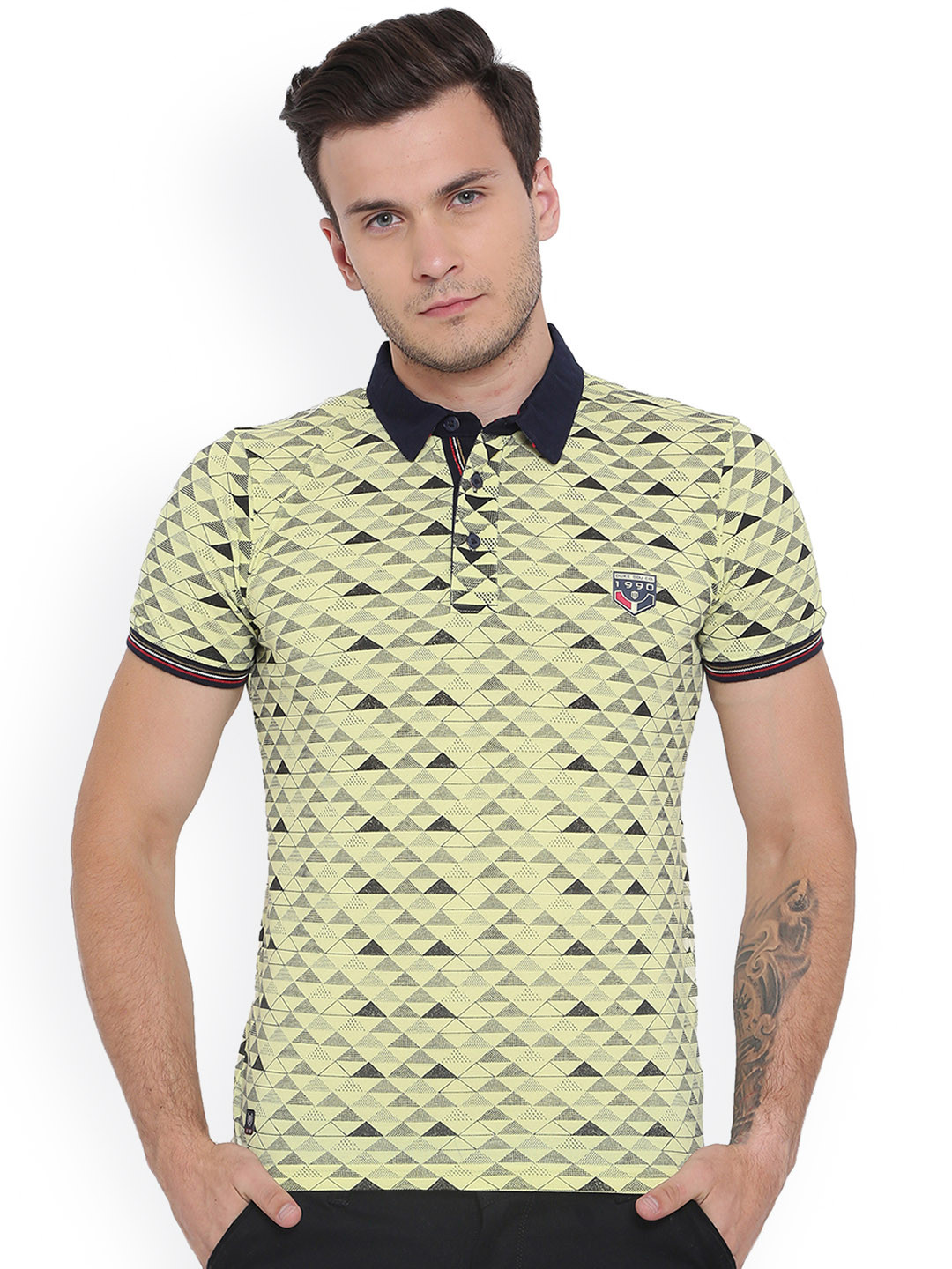 

Duke Men Yellow Printed Polo Collar T-shirt