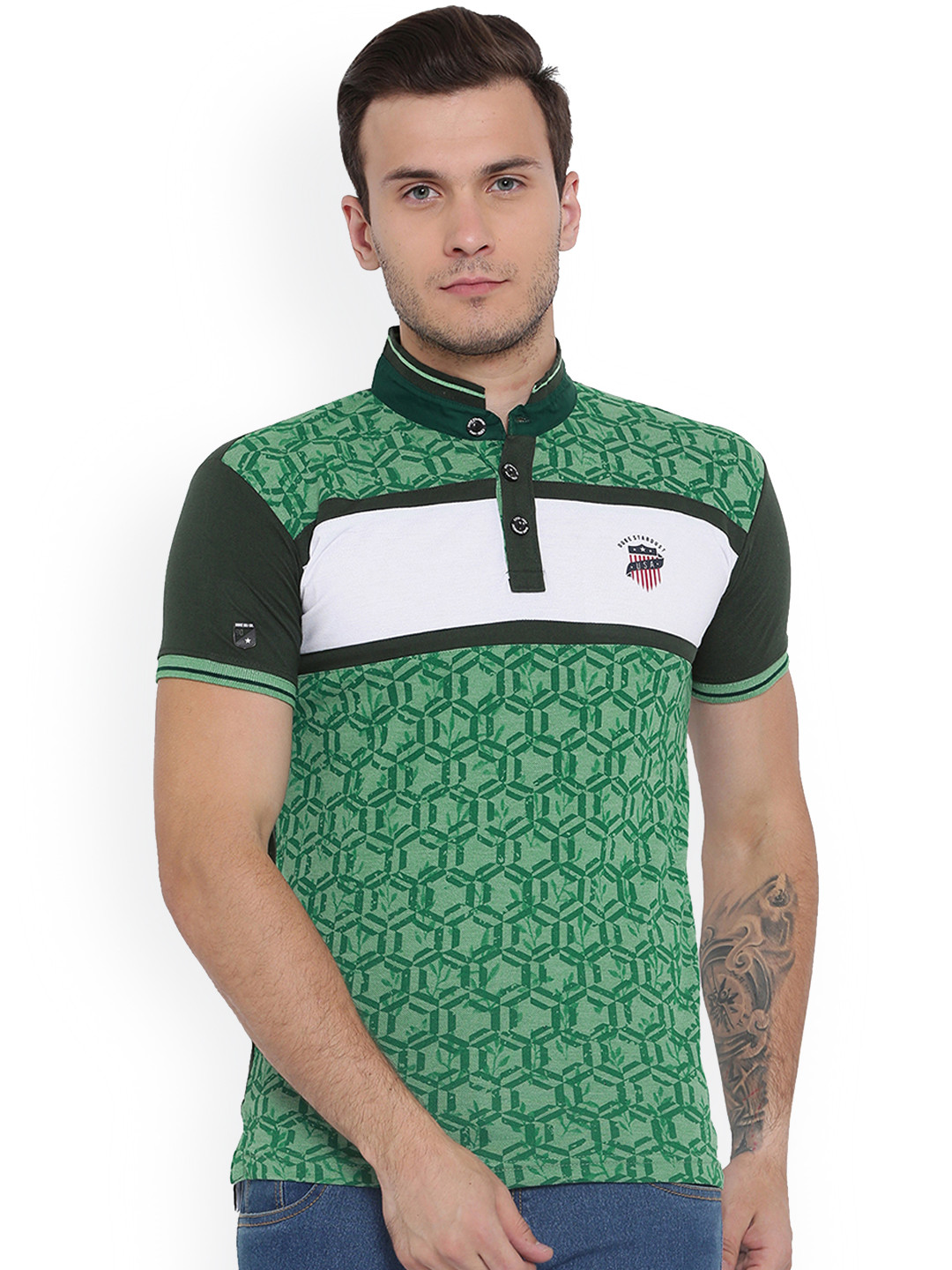 

Duke Men Green Printed High Neck T-shirt