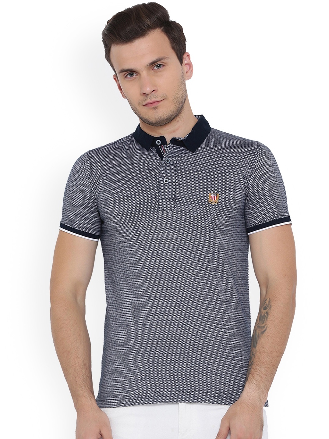 

Duke Men Navy Blue Printed Polo Collar T-shirt
