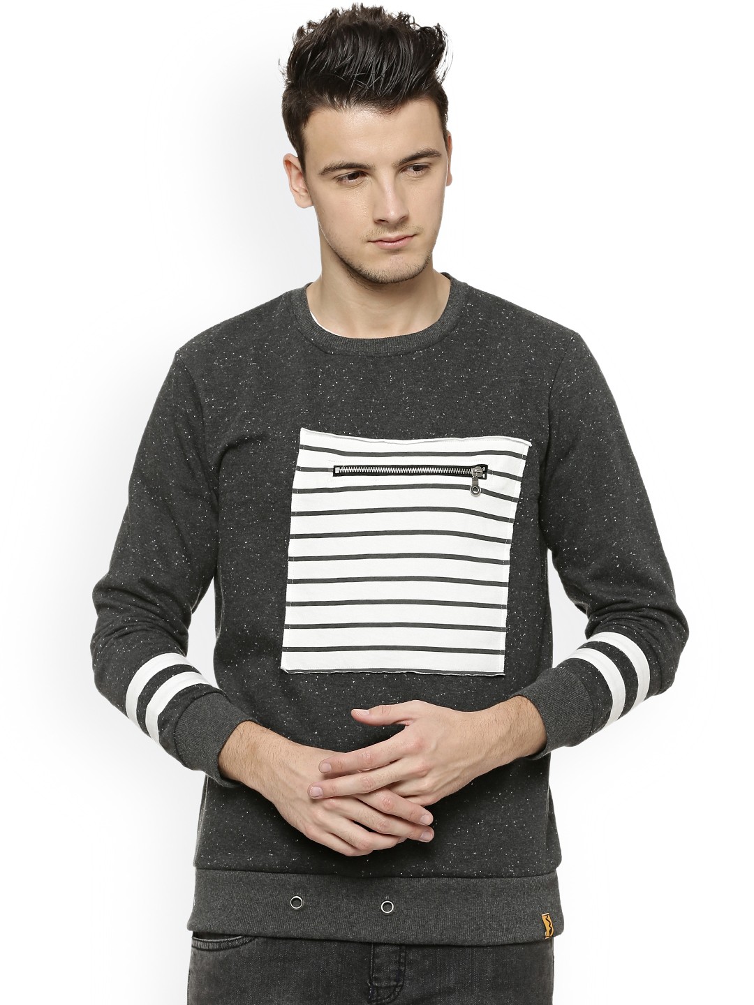 

Campus Sutra Men Charcoal Grey & White Striped Sweatshirt