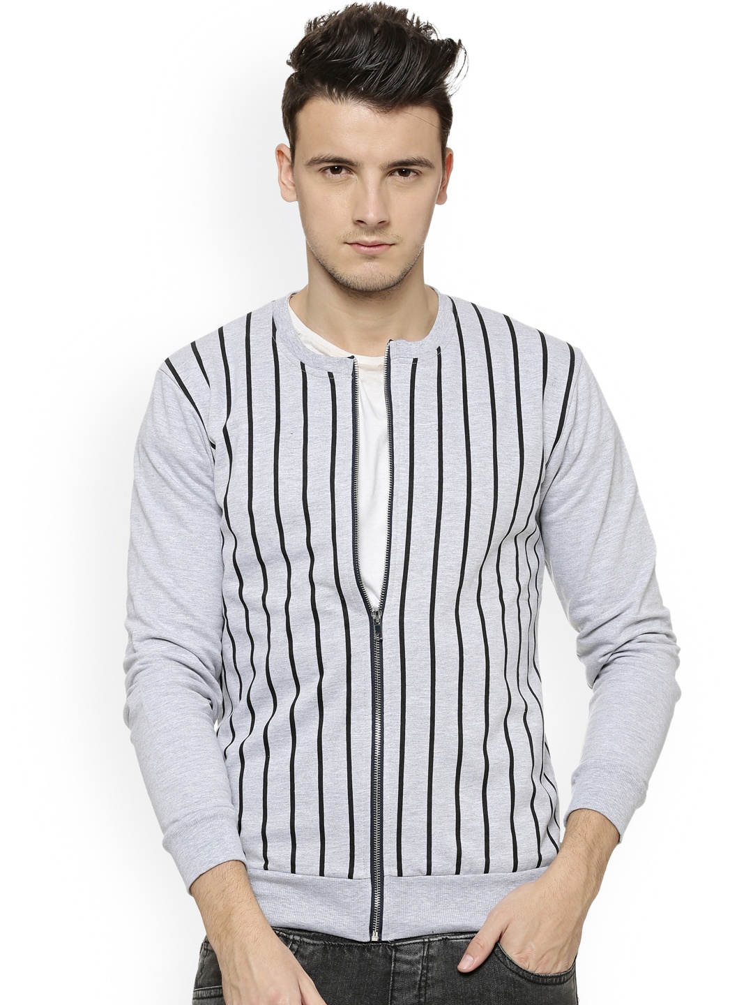 

Campus Sutra Men Grey Striped Open Front Jacket
