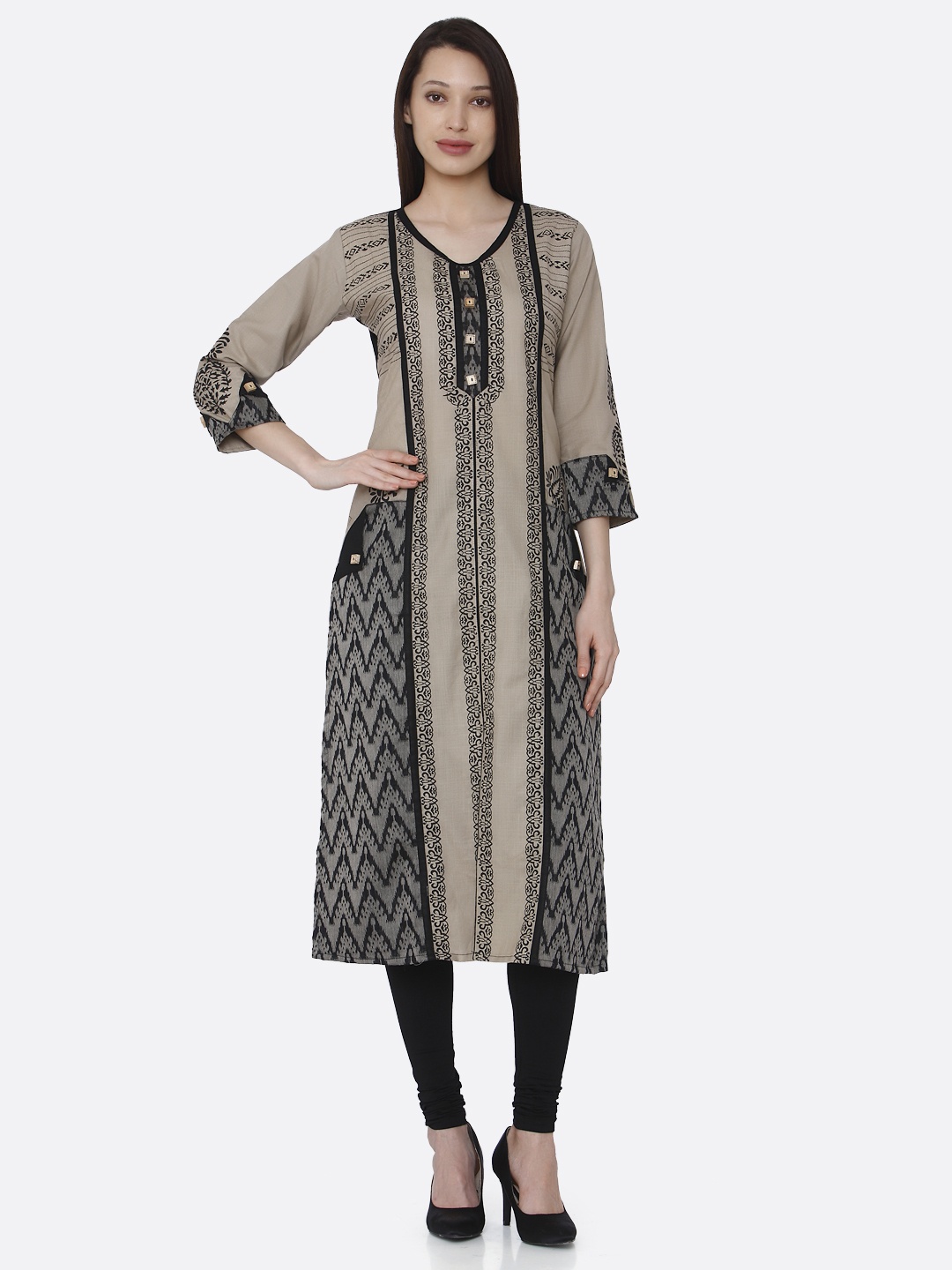 

RAISIN Women Beige & Black Printed Straight Kurta