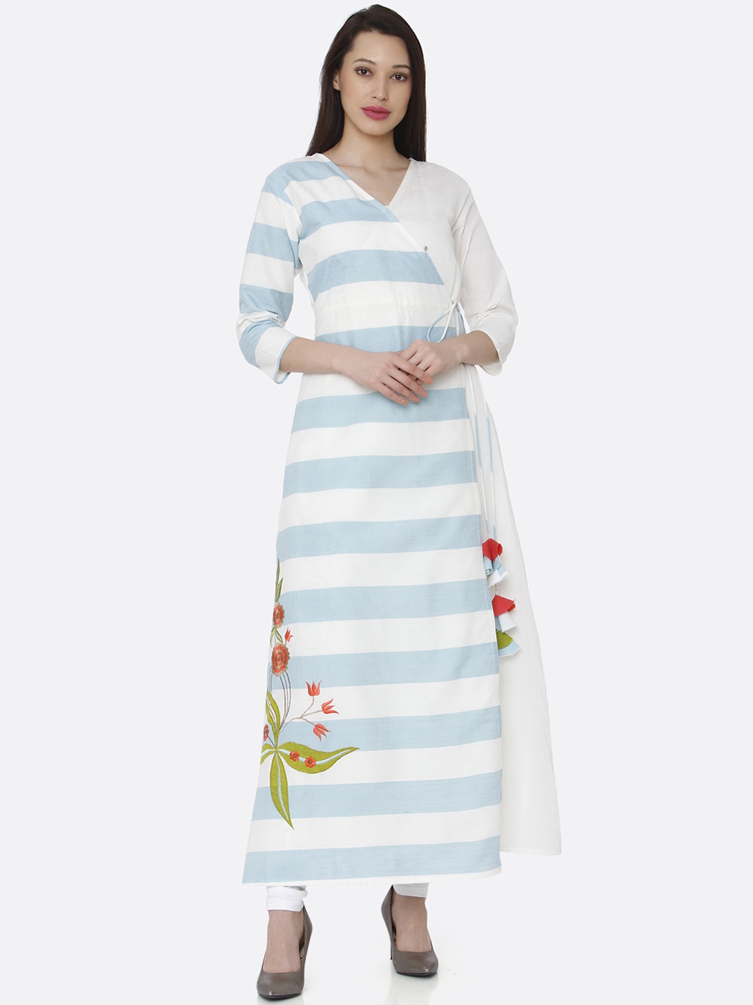 

RAISIN Women Off-White & Blue Striped Maxi Dress