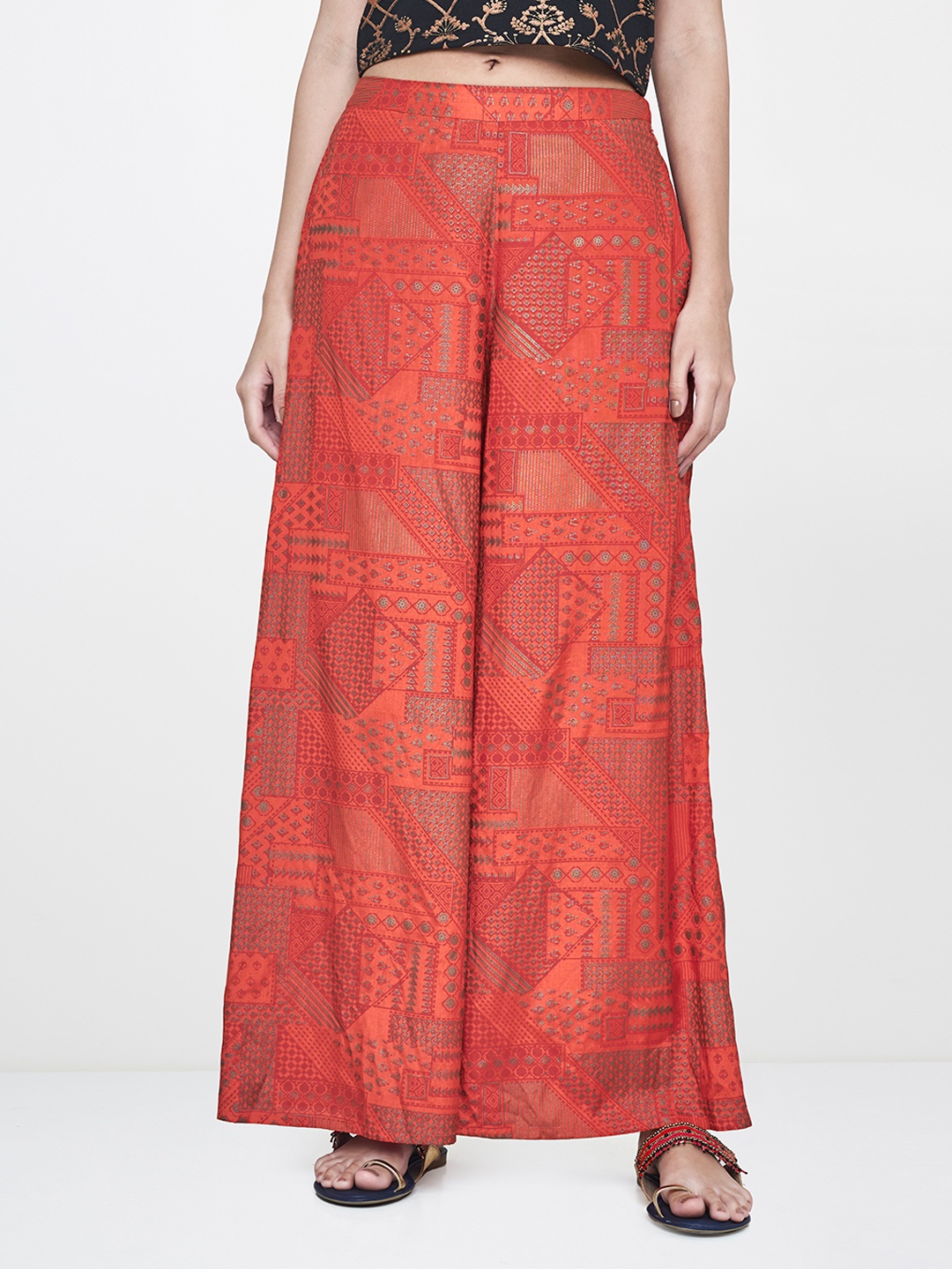

Global Desi Women Rust Red Wide Leg Printed Palazzos