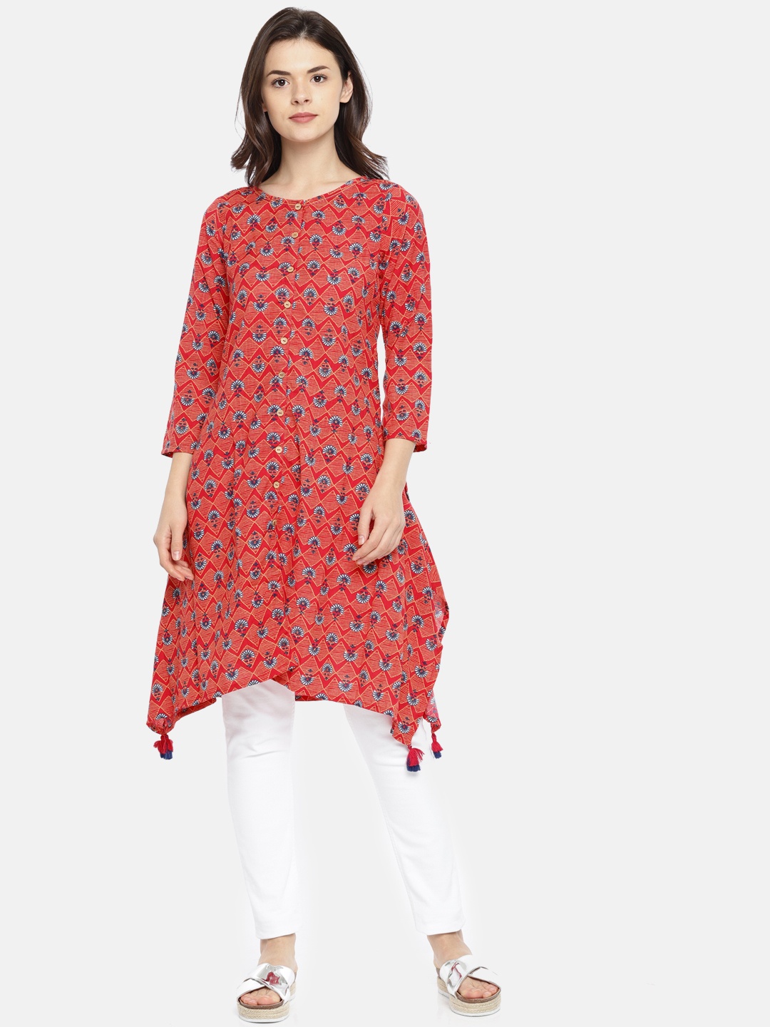 

Global Desi Women Magenta Printed Asymmetric A-Line Kurta