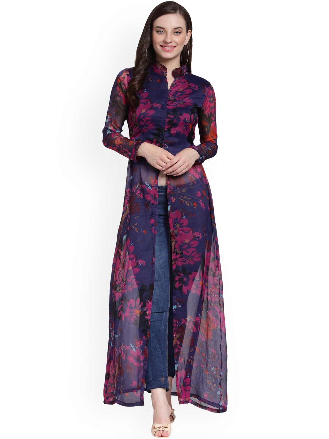 

SCORPIUS Navy Blue Floral High Slit Maxi Top