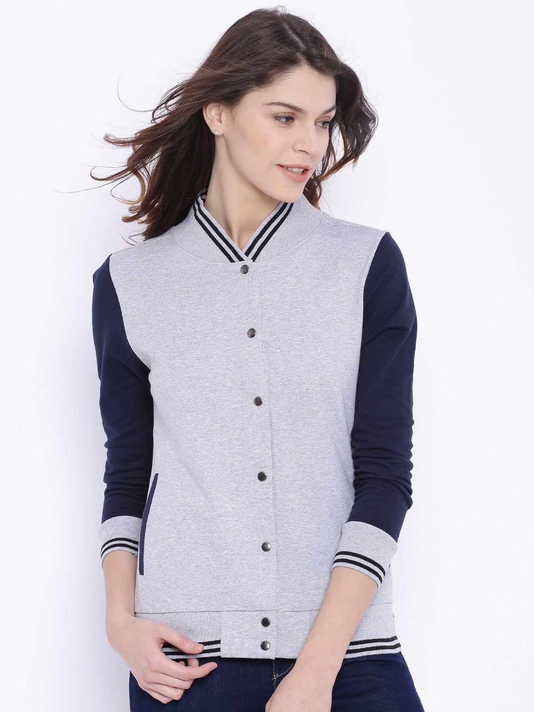 

Campus Sutra Women Grey Colourblocked Bomber