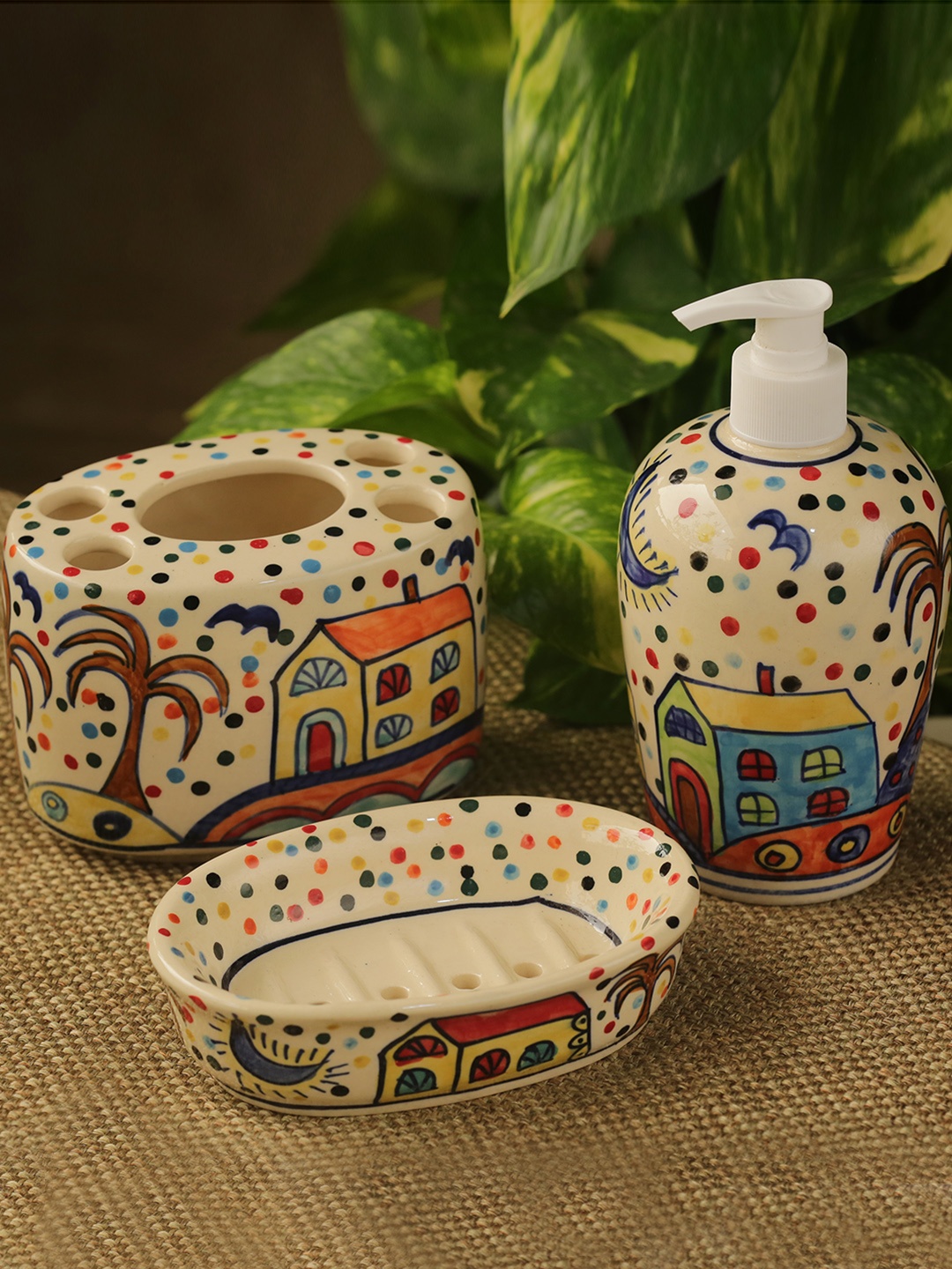 

ExclusiveLane Set Of 3 Multicoloured Hand-Painted Ceramic Bathroom Accessories Set, Multi