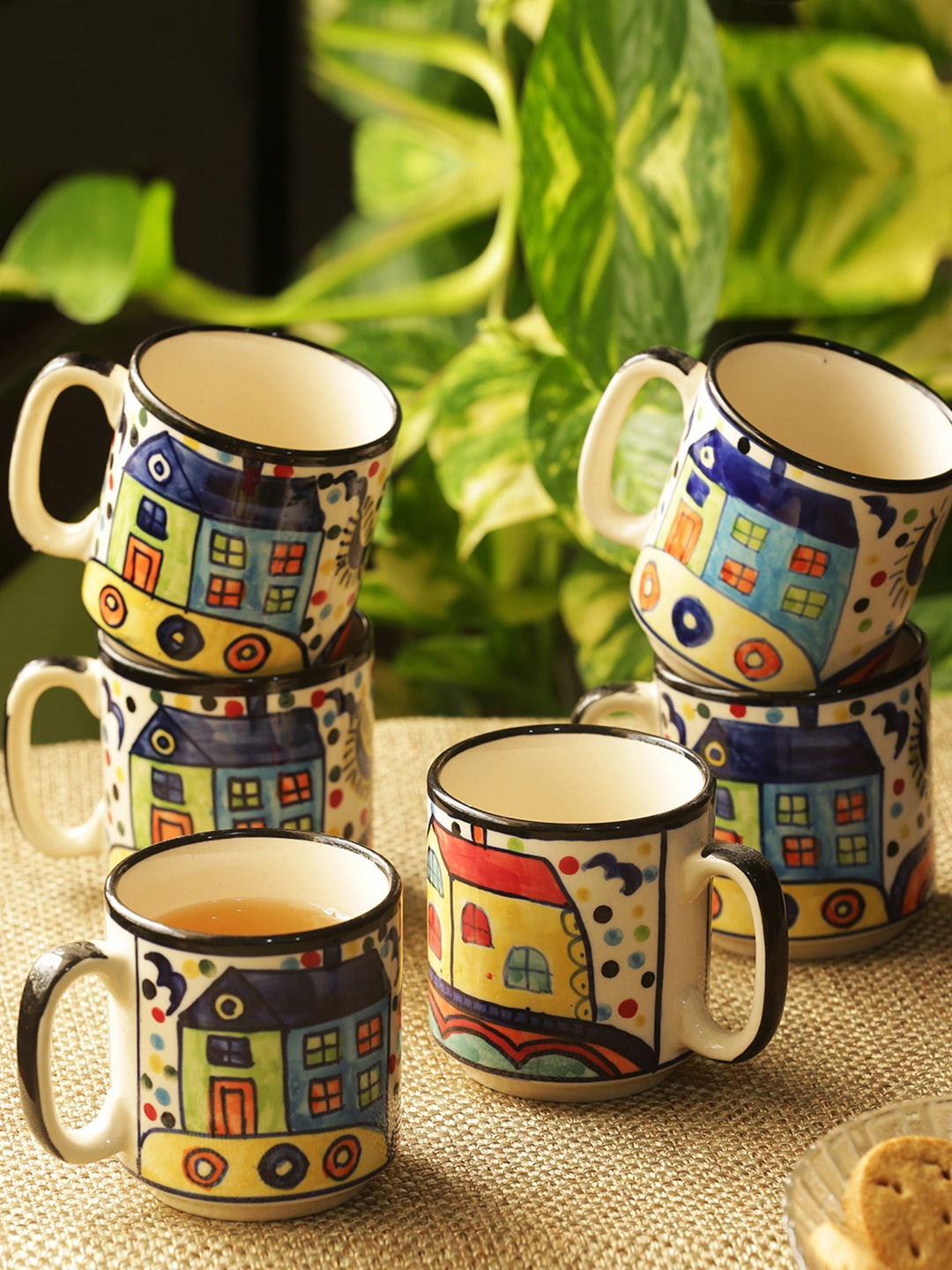 

ExclusiveLane Multicoloured Set of 6 Hand-Painted Hut Collection Ceramic Coffee Mugs, White