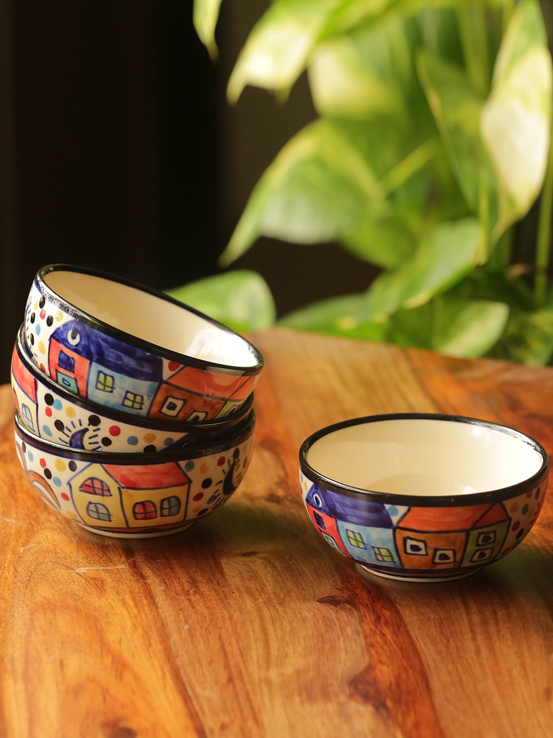 

ExclusiveLane Set Of 4 The Serving Hut Goblets Hand-Painted Ceramic Serving Bowls, Multi