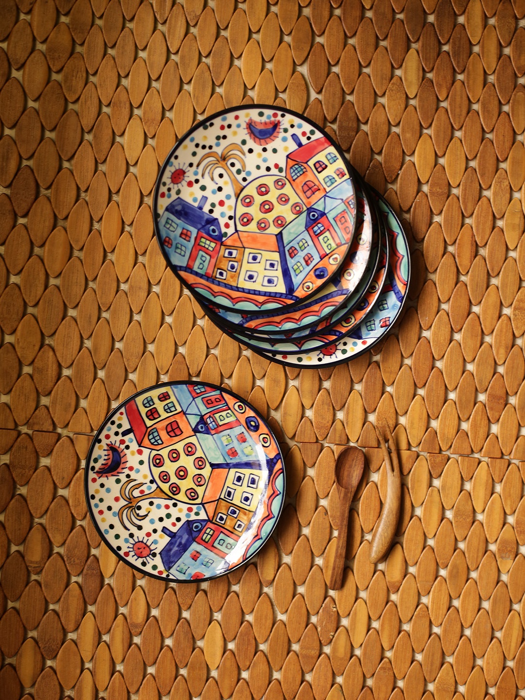 

ExclusiveLane Set of 6 The Hut Family Handpainted Ceramic Quarter Plates, Multi
