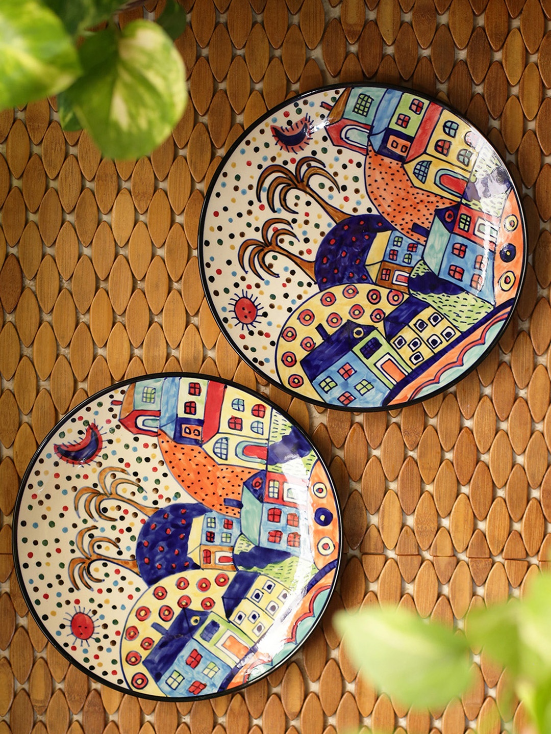 

ExclusiveLane Set Of 2 The Hut Couple Hand-Painted Ceramic Dinner Plates -10 Inch, Multi