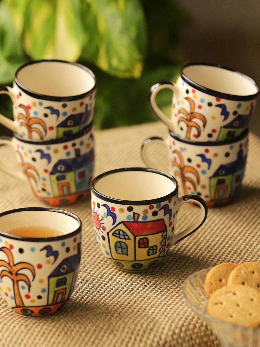 

ExclusiveLane Set Of 6 The Hut Morning Companions Hand-Painted Ceramic Tea & Coffee Cups, Multi
