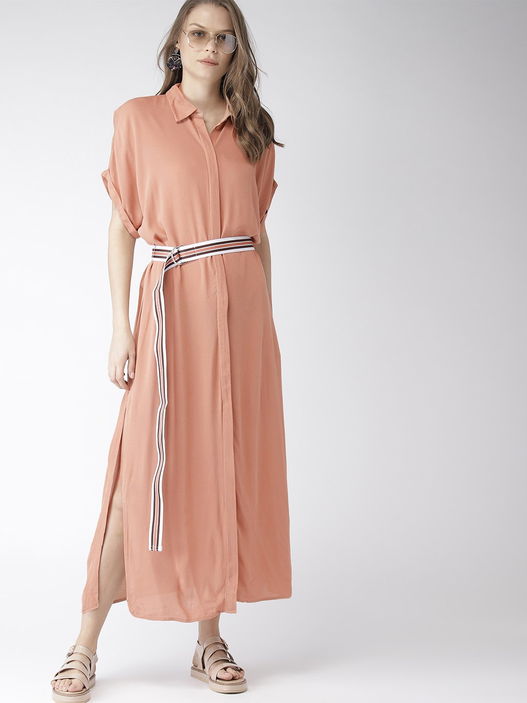 

FOREVER 21 Women Peach-coloured Solid Maxi Shirt Dress