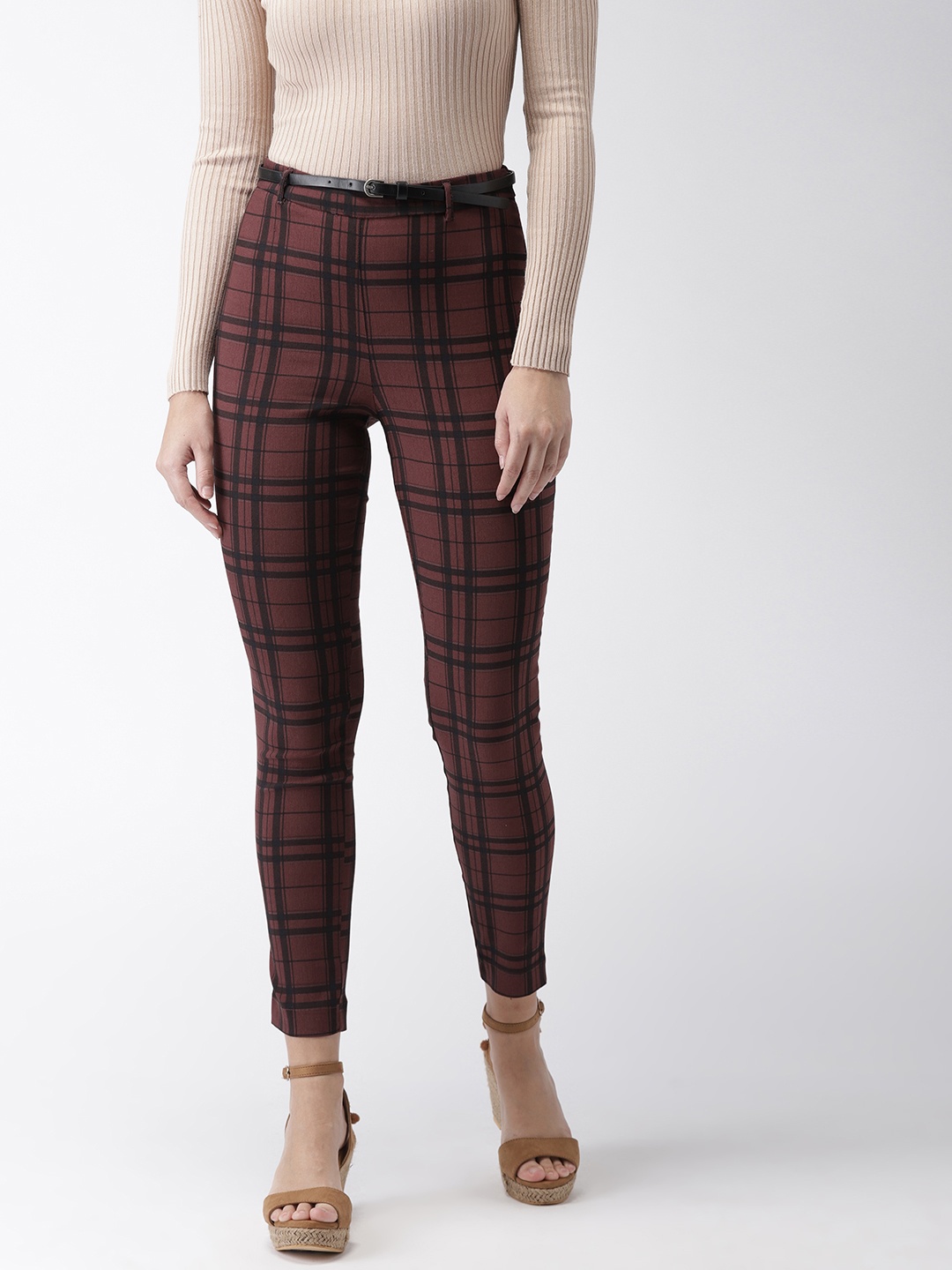 

FOREVER 21 Women Burgundy & Black Regular Fit Checked Cropped Cigarette Trousers