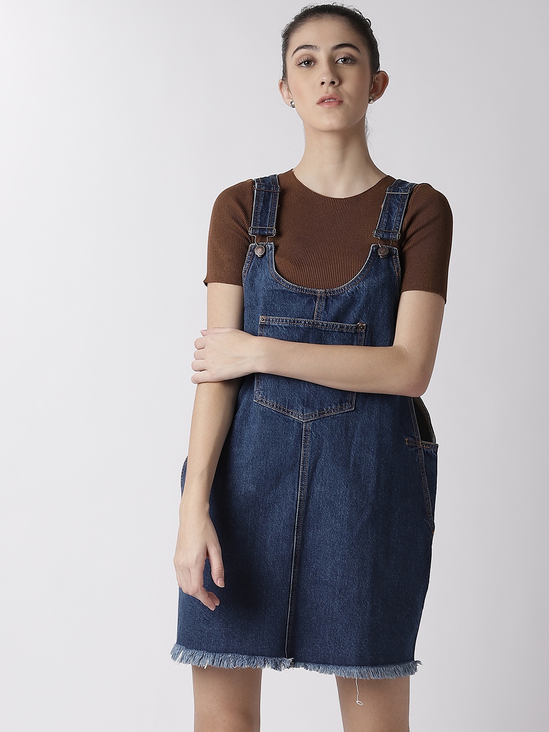 

FOREVER 21 Women Navy Blue Solid Denim Pinafore Dress